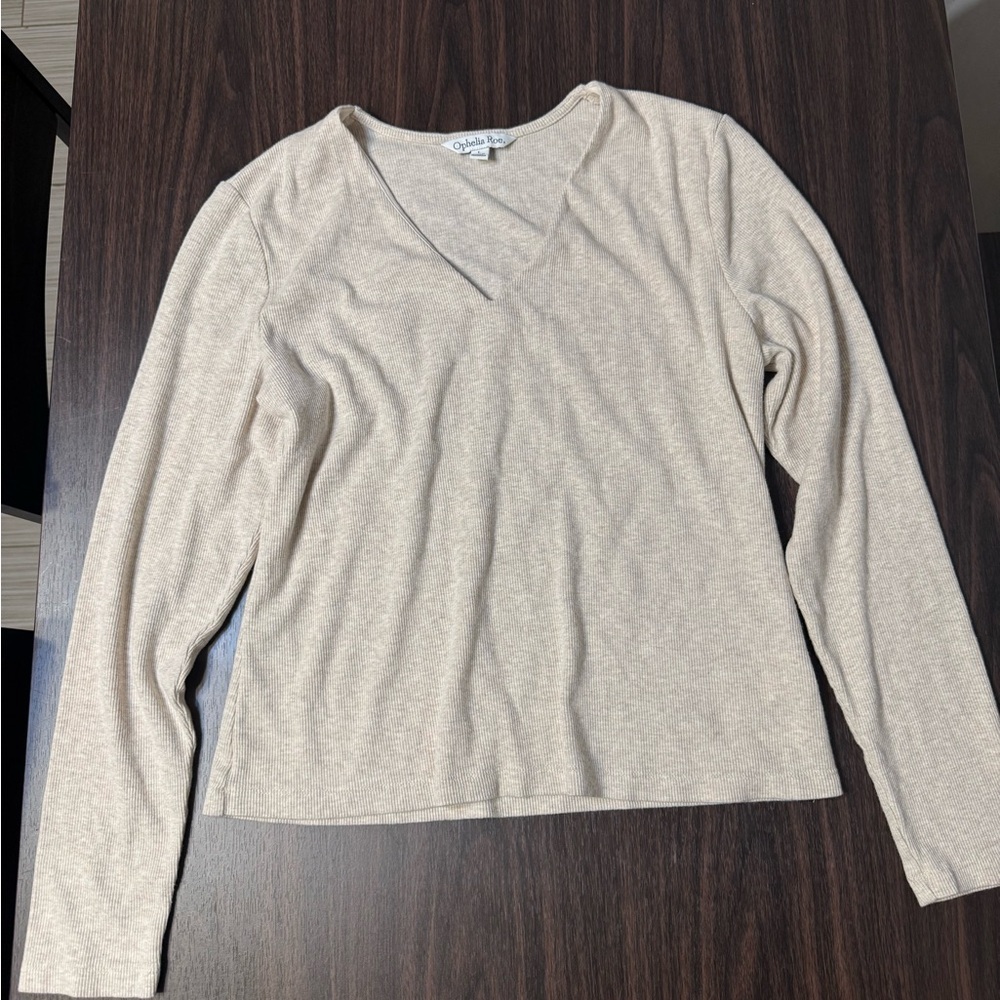 Ophelia Roe Beige V-Neck Long Sleeve Top